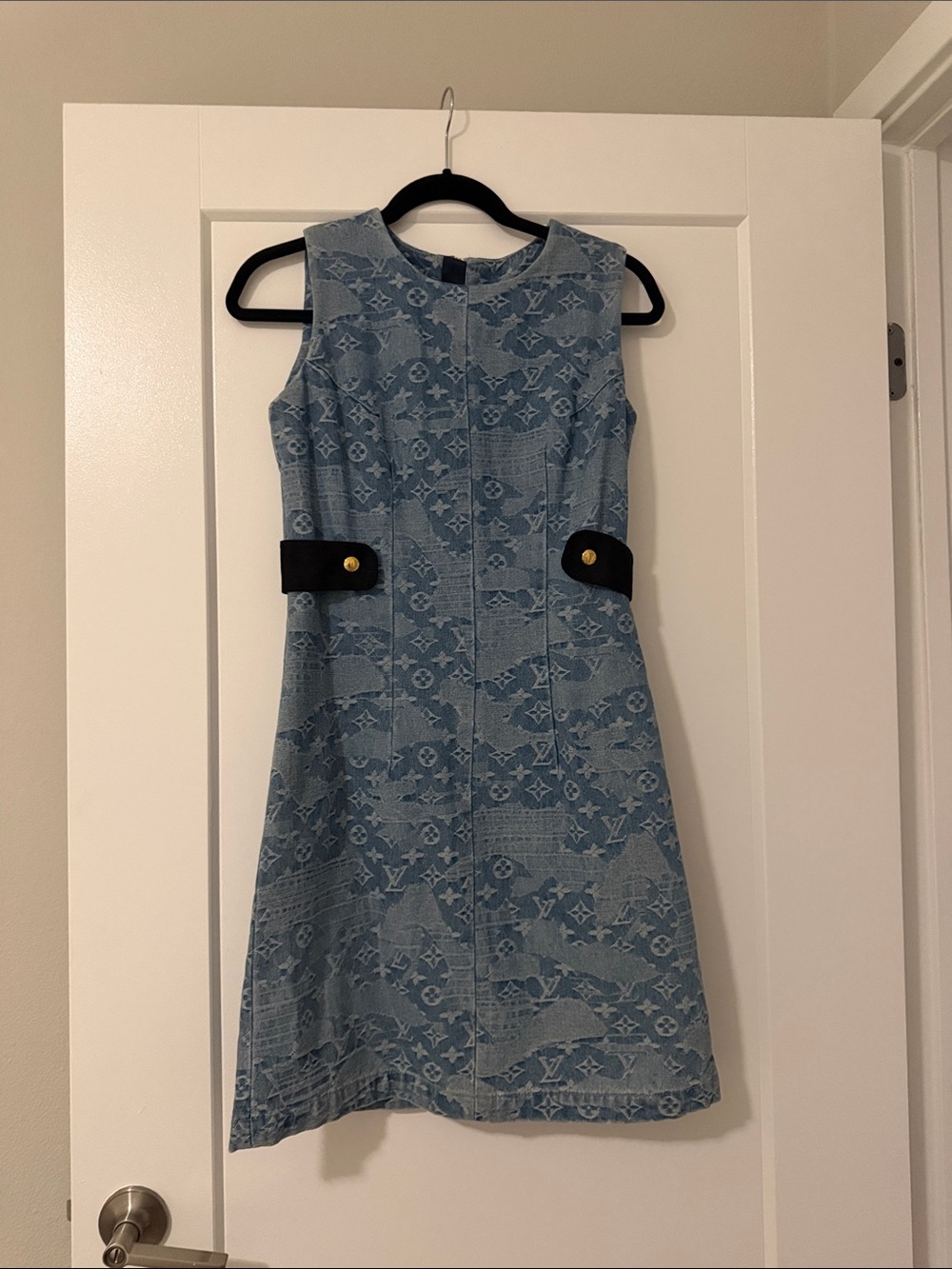 Louis Vuitton Light Blue Monogram Sleeveless Shift Dress with Black Tabs